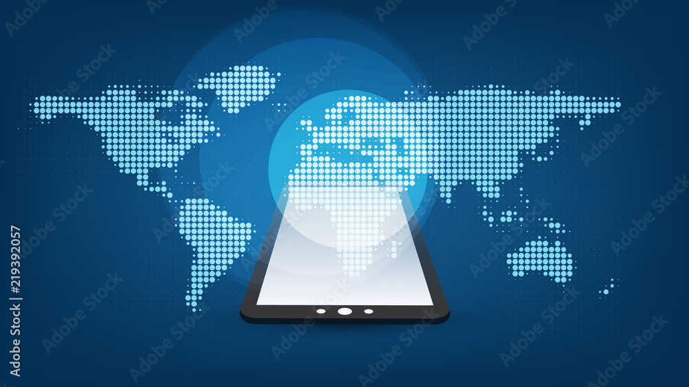 Poster futuristic global technology, networking and cloud computing design concept with spotted world map a