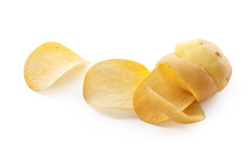 crispy chips and raw potato on white background