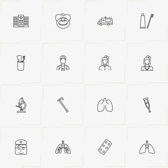Hospital line icon set with pills, nurse and emergency car