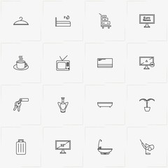 Hotel line icon set with golf well, keys  and baggage