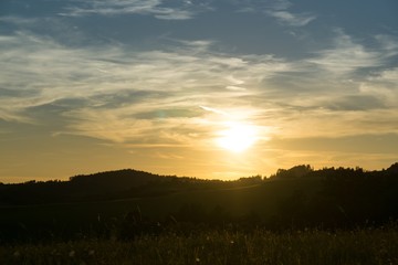 Sunrise and sunset over the hills and town. Slovakia