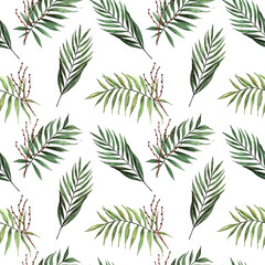 Watercolor seamless pattern with palm leaves with seeds