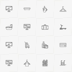 Hotel line icon set with baggage, television and cup of tea
