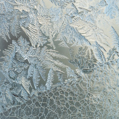 Winter Holidays Season Fantasy World Concept: Macro Image Of A Frosty Window Glass Natural Ice...