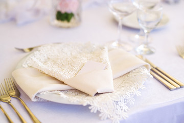 Obraz na płótnie Canvas Beautiful table set up - white cloth napkin and a plate 