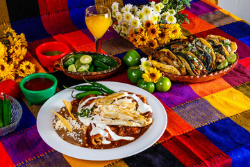 Enchiladas de mole con pollo y tacos de carnitas, comida mexicana en una mesa colorida