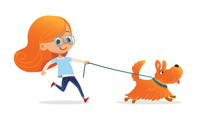 Funny little girl with red hair and glasses walking puppy on leash. Amusing redhead kid and dog isolated on white background. Child pet owner on promenade. Flat cartoon colorful vector illustration.