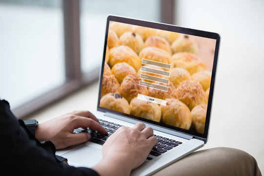 Man Doing Sign Up Username Password Log In Protection Concept On Laptop / Computer At Office