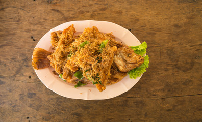 Deep fried fish and herb, Asian food