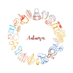 Round colorful frame with different line sketch autumn elements. Wreath for your design, greeting cards, posters.