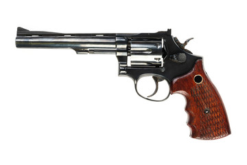 isolated used old black revolver on a white background - obrazy, fototapety, plakaty