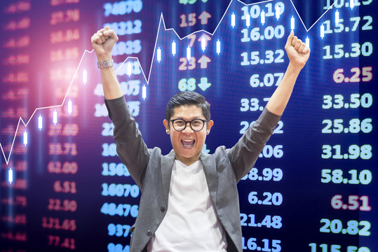 Very Excited Business Man Happy With Stock Market Exchange Growth Up Background