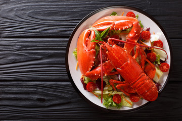 Cooked sea lobster with fresh vegetable salad on a plate close-up. Horizontal top view