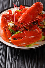 Delicious healthy food: boiled lobster with fresh vegetable salad on a plate close-up. vertical.