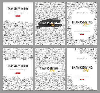 Set of Thanksgiving day with Pumpkin. For shopping sale, promo poster and frame leaflet, web banner. Vector illustration template.