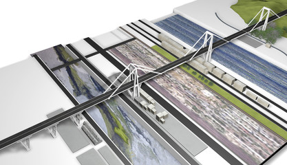 Modello tridimensionale del ponte Morandi di Genova, Liguria, Italia, illustrazione, 3D rendering - obrazy, fototapety, plakaty