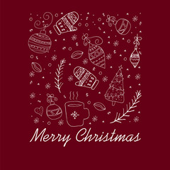 Christmas greeting card. White hand drawn doodle elements on a dark red background. Vector set of winter holidays objects.