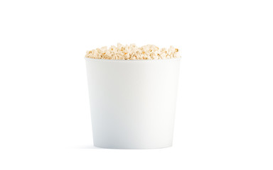 Blank white popcorn bucket mockup isolated, 3d rendering. Clear pop corn pail mockup fastfood front side view. Paper snack bucketful design mock up. Clear basket box template.