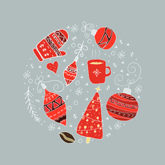 Red and white Hand drawn doodle elements in circle on a gray background. Vector set of winter holidays objects.