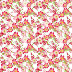 red flowers freesia, beautiful bouquet branch seamless tropic pattern watercolor illustration.