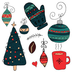 Christmas objects in hand drawn style isolated on a white background. Cute vector objects in cartoon style. New year's elements.