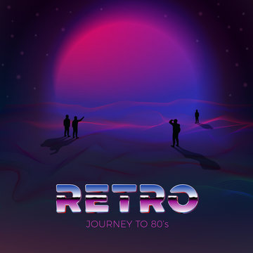 Vector Poster Design Template In 80s Retro Futurism Style, With Futuristic Violet Sun And People Gaze On It. Journey Concept.