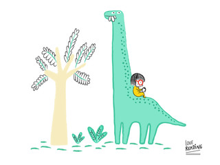 Love Reading. Girl reading a book on top of a Diplodocus, vector illustration