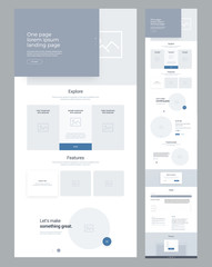 One page website design template for business. Landing page wireframe. Modern responsive design. Ux ui website: home, explore, features, ecommers, product, testimonials, call to action, faq, forms.