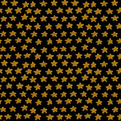 Hand Drawn golden stars. Seamless pattern with gold stars. Gift wrap, print, cloth, cute background for a card. Gold star on black background.
