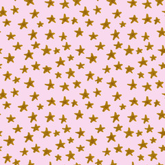 Hand Drawn golden stars. Seamless pink pattern with gold stars. Gift wrap, print, cloth, cute background for a card. Gold star on pink background.