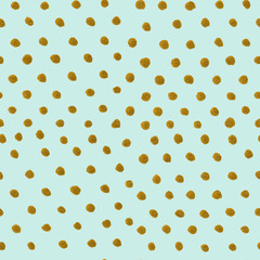 Hand Drawn mint seamless pattern with gold painted dots. Gift wrap, print, cloth, cute background for a card. Golden dots on mint background. 