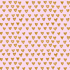 Hand Drawn golden hearts. Seamless pink pattern with gold hearts. Valentine's Day. Gift wrap, print, cloth, cute background for a card. Gold heart on pink background. 