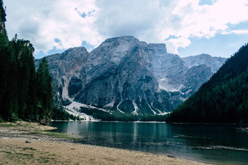 panoramic view on lake braies, italy