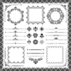 Vintage set of horizontal, square and round elements. Different elements for decoration design, frames, cards, menus, backgrounds and monograms. Classic patterns. Black and white patterns