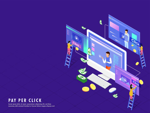Isometric illustration of desktop with video play screen, money and coin stack, people buy or make online payment. Pay Per Click or online payment concept isometric design.