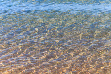 Blue clear water. Sea, lake, sun, beach, vacation Background for inserting images and text. Tourism, travel.
