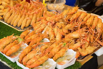 fried shrimp on street food in Thailand