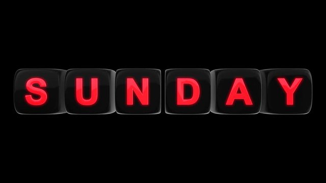 Sunday red glowing text word on black glossy cubes 3D animation on black background