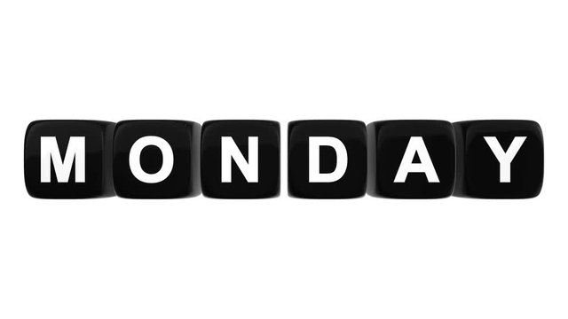 Monday text word on black glossy cubes 3D animation on white background