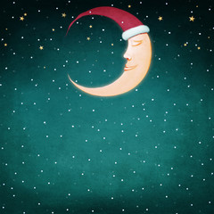 Obraz na płótnie Canvas Holiday winter night background for greeting card or poster with Moon in Santa hat and stars and snowfall. Computer graphics.