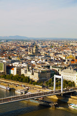 A view of the Elisabeth Bridge and the basilica of St. Stephen. Panorama of the Hungarian capital of Budapest.