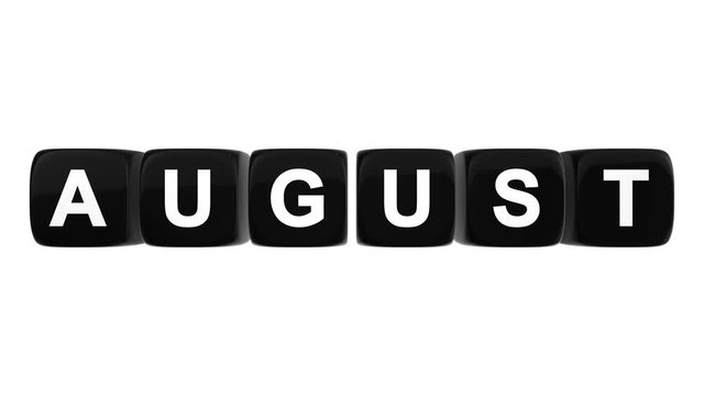 August text word on black glossy cubes 3D animation on white background
