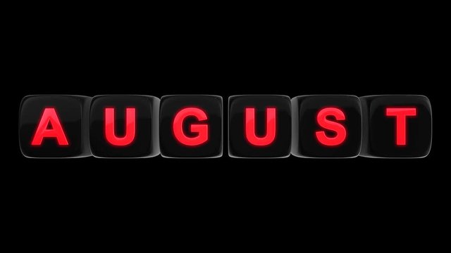 August red glowing text word on black glossy cubes 3D animation on black background