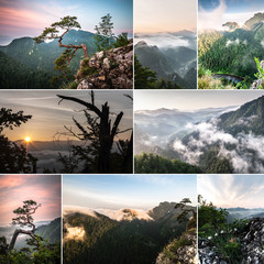 Collage with sunset over mountains. Sokolica. Pieniny
