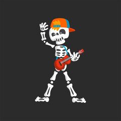 Creepy skeleton character in baseball cap playing guitar vector Illustration