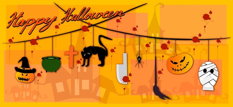 Illustration Set of Happy Ghost, Monsters and Evils Hanging on Spooky Background For Halloween Celebration Party.