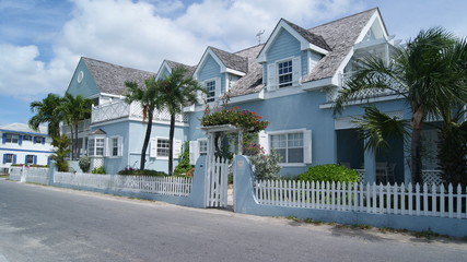 HARBOUR ISLAND, ELEUTHERA, BAHAMAS - MARCH 12, 2017. Blue house in the street