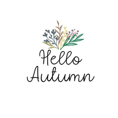 Hello Autumn calligraphy text. Autumn greeting card, postcard, poster, banner template with autumn leaves. Vector illustration isolaten on white background.