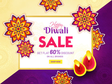 Flat 60% discount offer for Diwali Festival sale, paper cut style flowers decorated on abstract floral background.