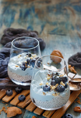 Blueberries and yogurt chia pudding parfait